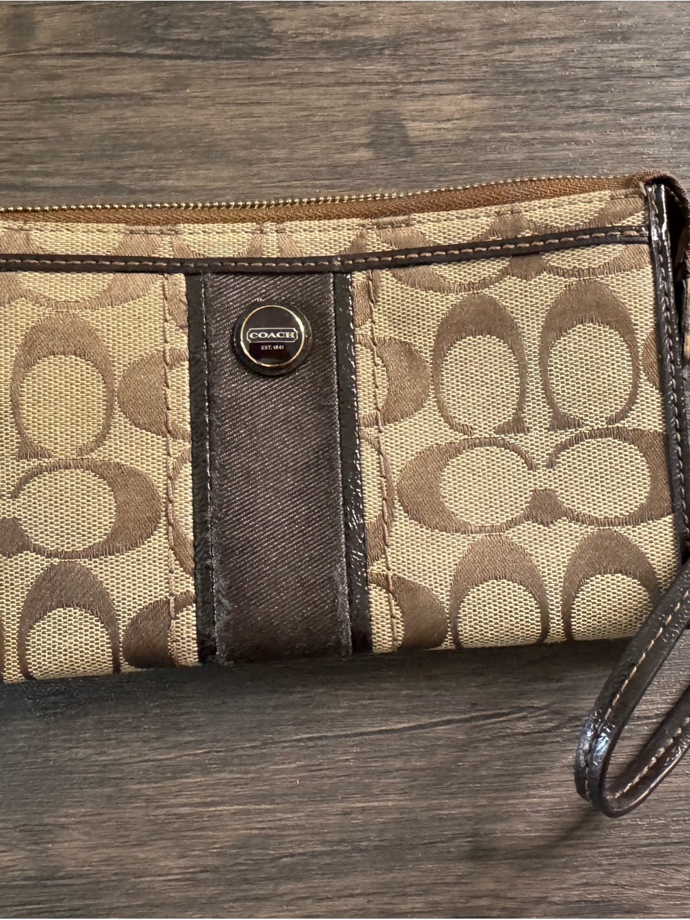Coach Signature Canvas Wristlet in Khaki and Brown Trim